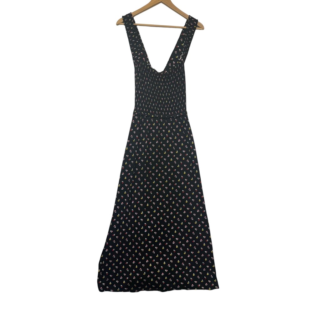 Boden Black Floral Smocked‎ Midi Dress Square Neck Cross Back Feminine 14R - Picture 4 of 9